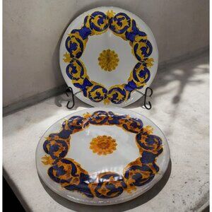 Vintage Singl3 Glass Decorative Plate w Blue Gold Hand Painted Versace Style 14"